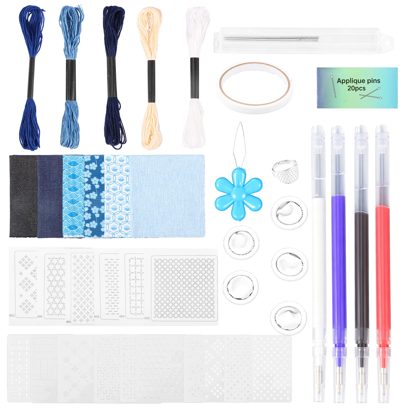 Sashiko Kit,Sashiko Embroidery Templates,Water-Soluble Fabrics with Patterns,Embroidery Thread and Needles,Thimble for Beginners Hand Quilting and Mending, Sewing Supplies(Style 1)