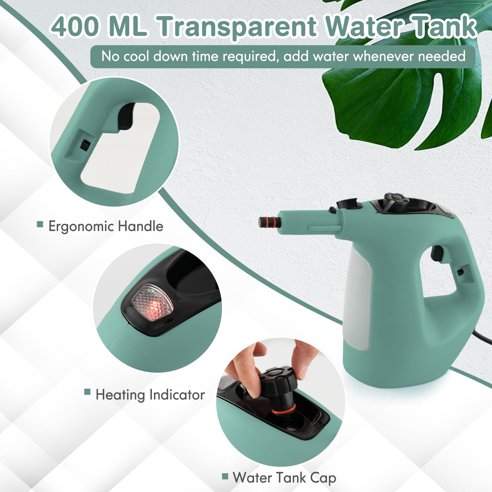 SOARS limpiador a Vapor con 14 Accesorios, Limpiador de Vapor: 2 bar, máx. 125 ℃, Listo en 1 Min, Potente 1500W, Depósito: 400ML, para Alfombras, Suelos y Ventanas (Verdor)