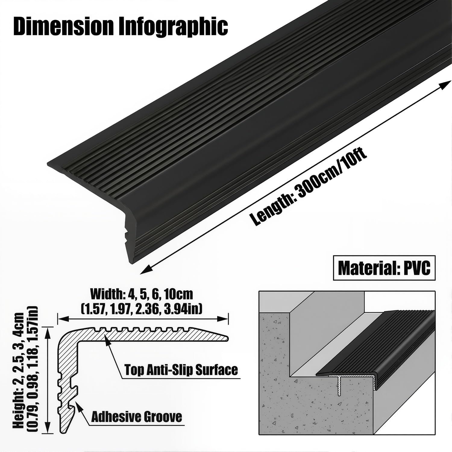 3 m de goma autoadhesivo para pelar y pegar pelar y pegar peldaños de vinilo antideslizante negro flexible para seguridad en interiores y exteriores (4 x 2 cm)