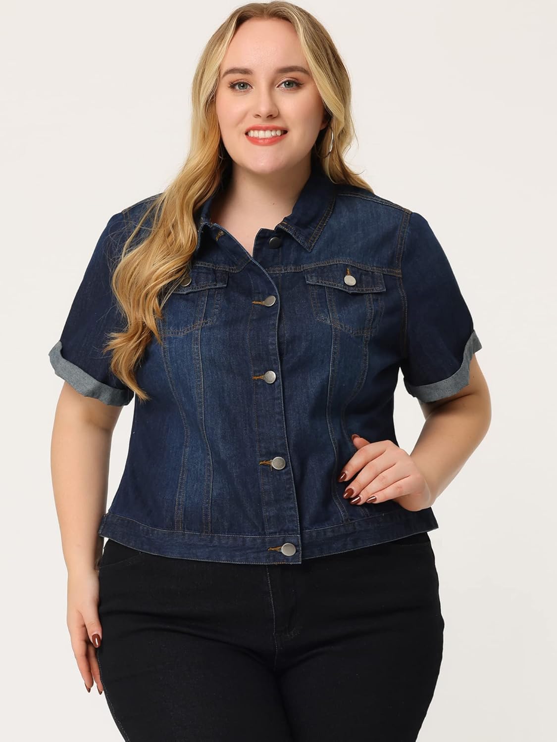 Agnes Orinda Women's Plus Size Denim Jacket Short Sleeve Lapel Button Front Work Western Outfit Jean Jackets - Image 2