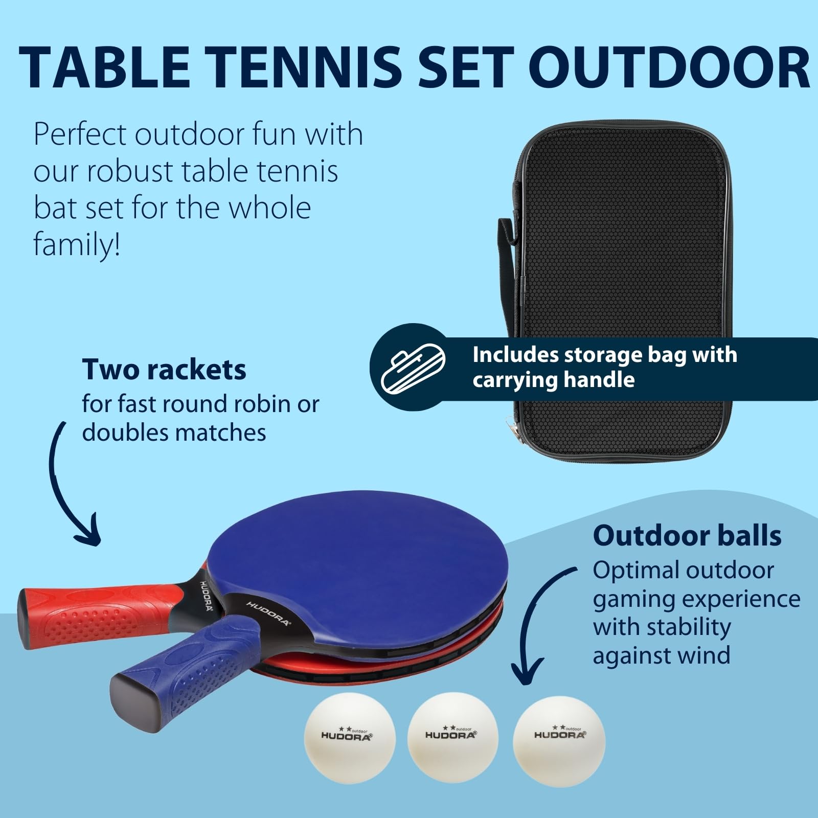 HUDORA Table Tennis Set Outdoor table tennis paddle Set including 2 paddles & 3 balls, Ping Pong bat set incl. storage bag - Image 2