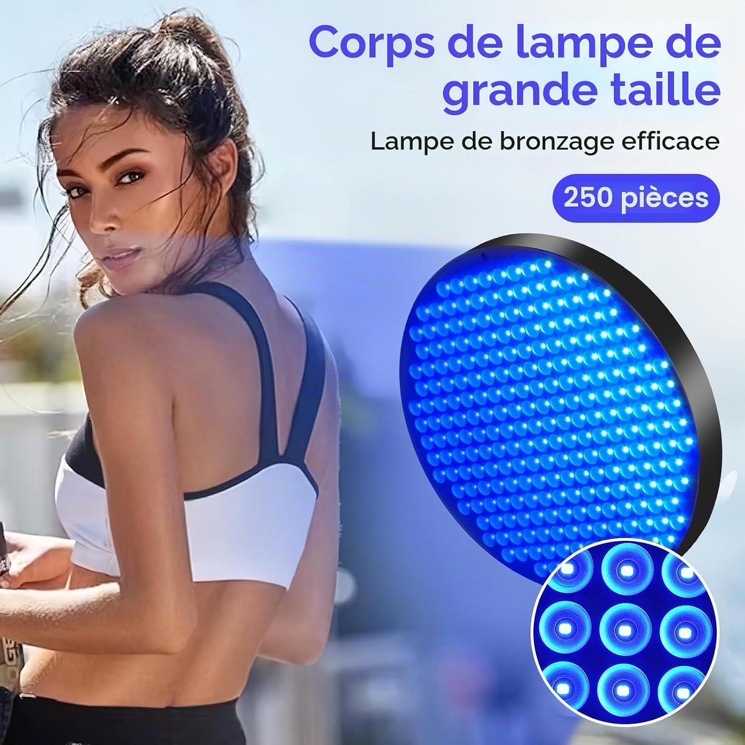 Lampe de bronzage LED 50 W pour la maison, 460 NM avec 250 LED, réglable à 360 °, pour le visage et le corps entier avec minuterie, noire