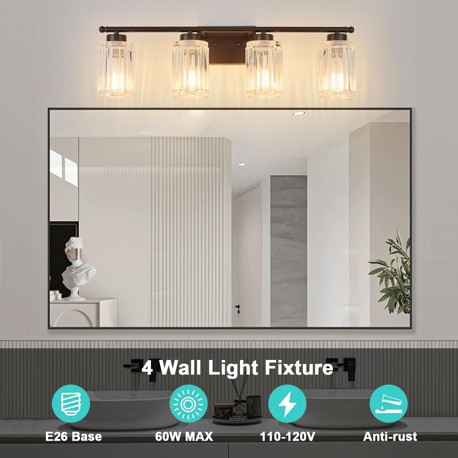 4 Light Bathroom Light Fixtures Modern ORB 28 Inch Vanity Lights for Bathroom Lighting Fixtures Over Mirror with Thickened Glass Shade for Cabinet Mirror Bedroom Hallway