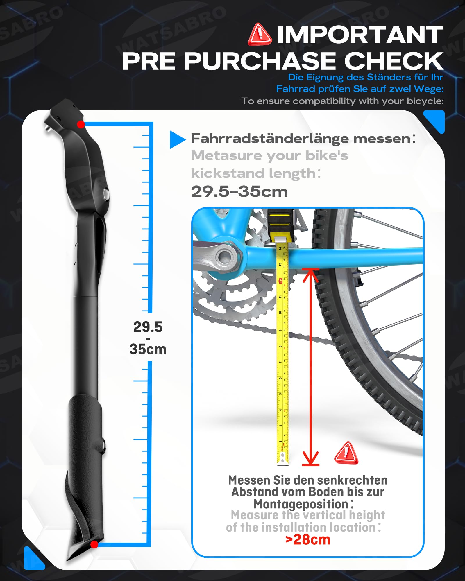 WATSABRO Fahrradständer 24-29 Zoll,Höhenverstellbarer Seitenständer,40mm Lochabstand,M5 Schraube Schraubenöffnung 5mm,Stabil Seitenständer E-Bike,MTB
