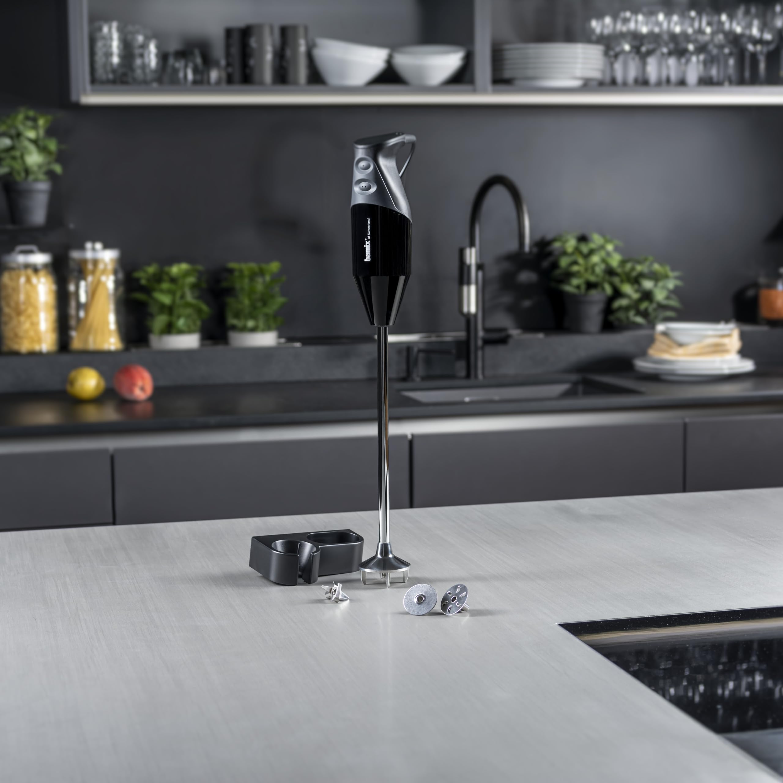 bamix Set frullatore a immersione G350 GASTRO PRO-3 incl. lama multiuso, frusta e disco fisso, supporto, 300 watt, 2 velocità, acciaio inox, Made in Switzerland, nero