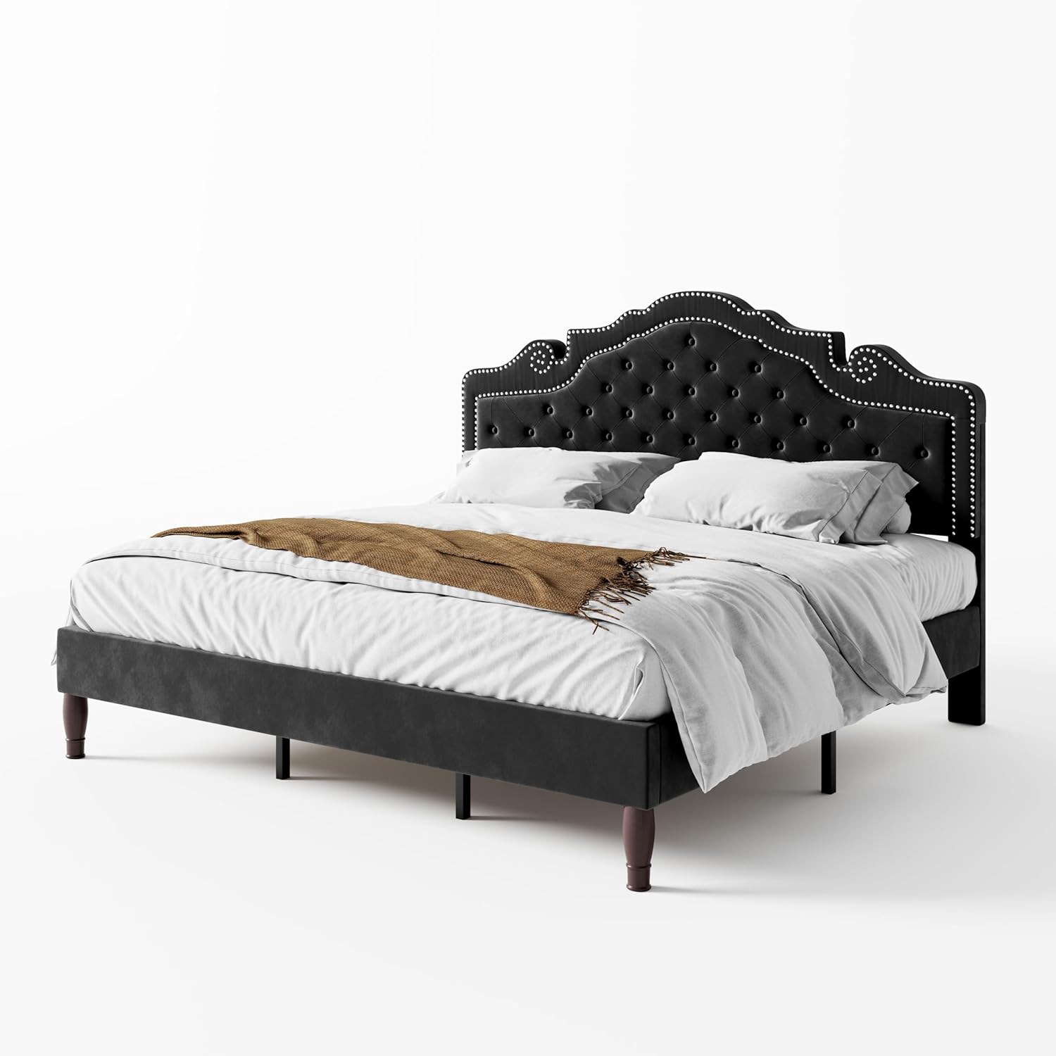 WEEWAY King Size Platform Bed Frame with Velvet Adjustable Tiara Curved Headboard and High Resilience, Upholstered Diamond Button Tufted with Wood Slats/No Box Spring Needed/Black