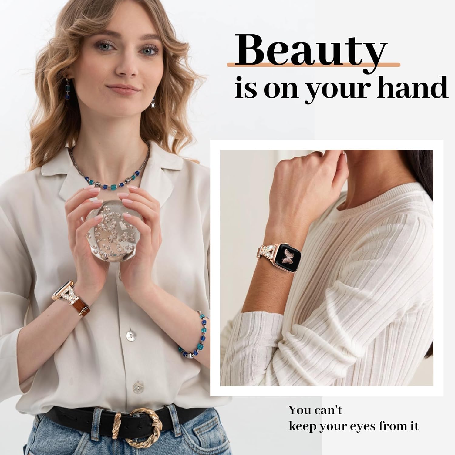 JR.DM Leather Watch Bands for Women Compatible with Apple Watch 46mm 42mm(S3/2/1) 44mm 45mm 49mm Gold Bling Butterfly Connector Slim Leather Strap for iWatch Series 11/10/9/8/7/6/5/4/3/2/1/SE/Ultra - Image 6