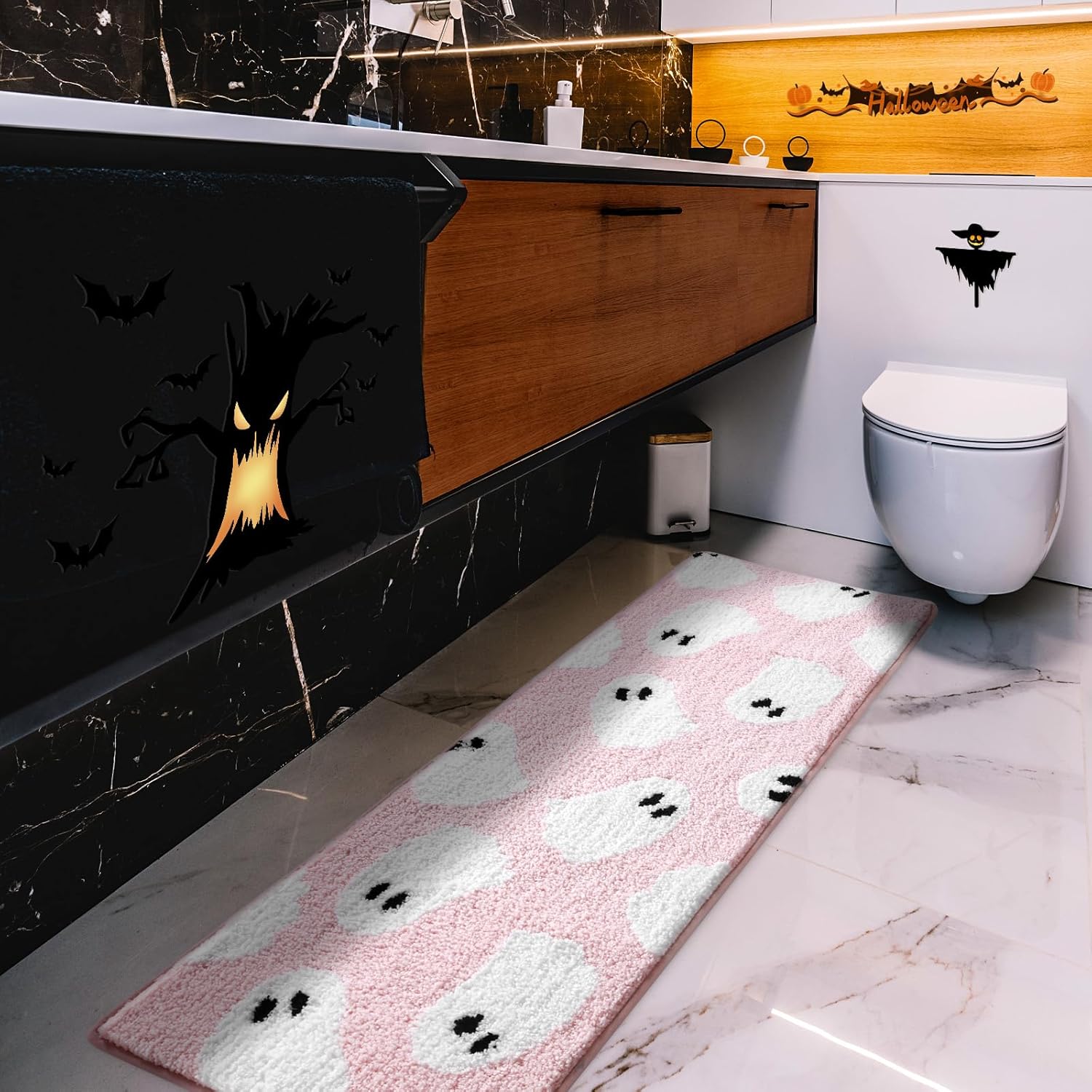 Ghost Bathroom Runner Rug 18x45 Inch Pink, Soft and Absorbent Tufted Halloween Bath Mat Non Slip Washable, Halloween Bathroom Decor Rug Holiday Decorations