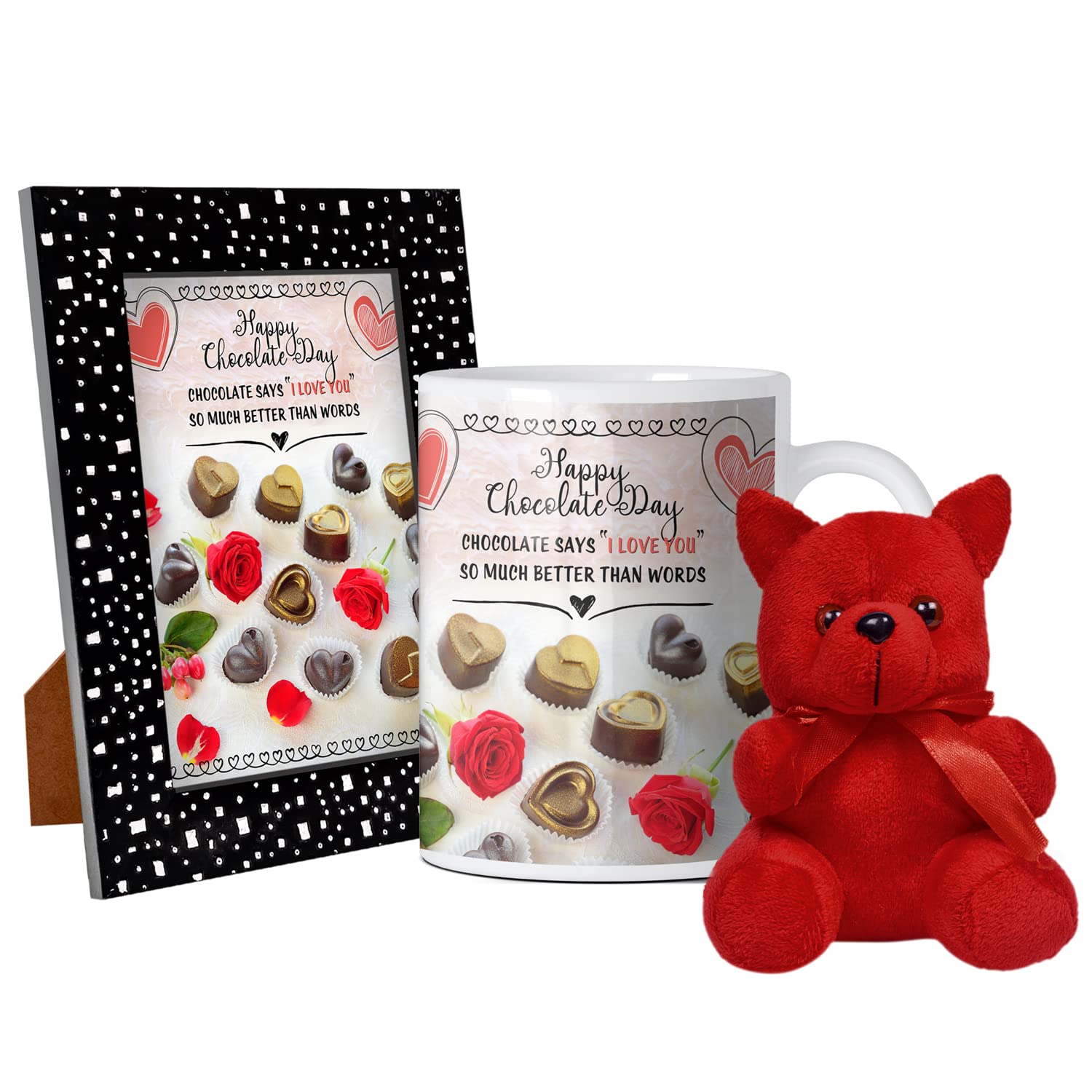 GIFT MY PASSION Happy Chocolate Day Chocolate Says''I Love You'' So Much Better Than Words Quotation Photo Frame & Coffee Mug 350ml with Teddy Bear Combo Pack of 3 Gift for Him & Gift for Her