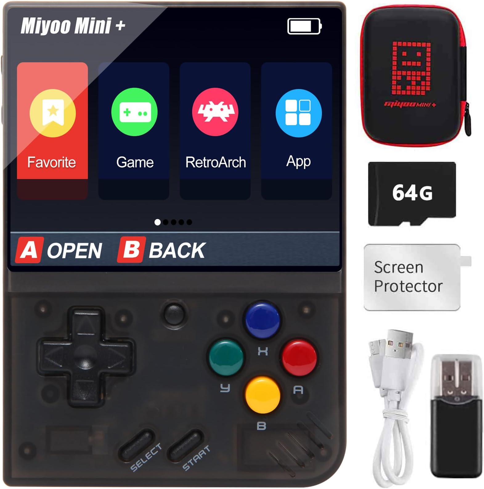 Miyoo Mini Plus Handheld Retro Game Console with Storage Case, 3.5 Inch IPS Screen, 640x480 Resolution, 64G TF Card & 7000 Classic Games, WiFi Hotspot Mode Matchmaking