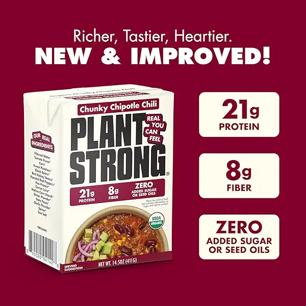 PLANTSTRONG Organic Chunky Chipotle Chili, 14.5 oz – High Protein Vegan Chili with Black Beans & Sweet Potatoes, 21g Protein, USDA Organic, No Seed Oils, Ready-to-Eat Plant-Based Meal 4