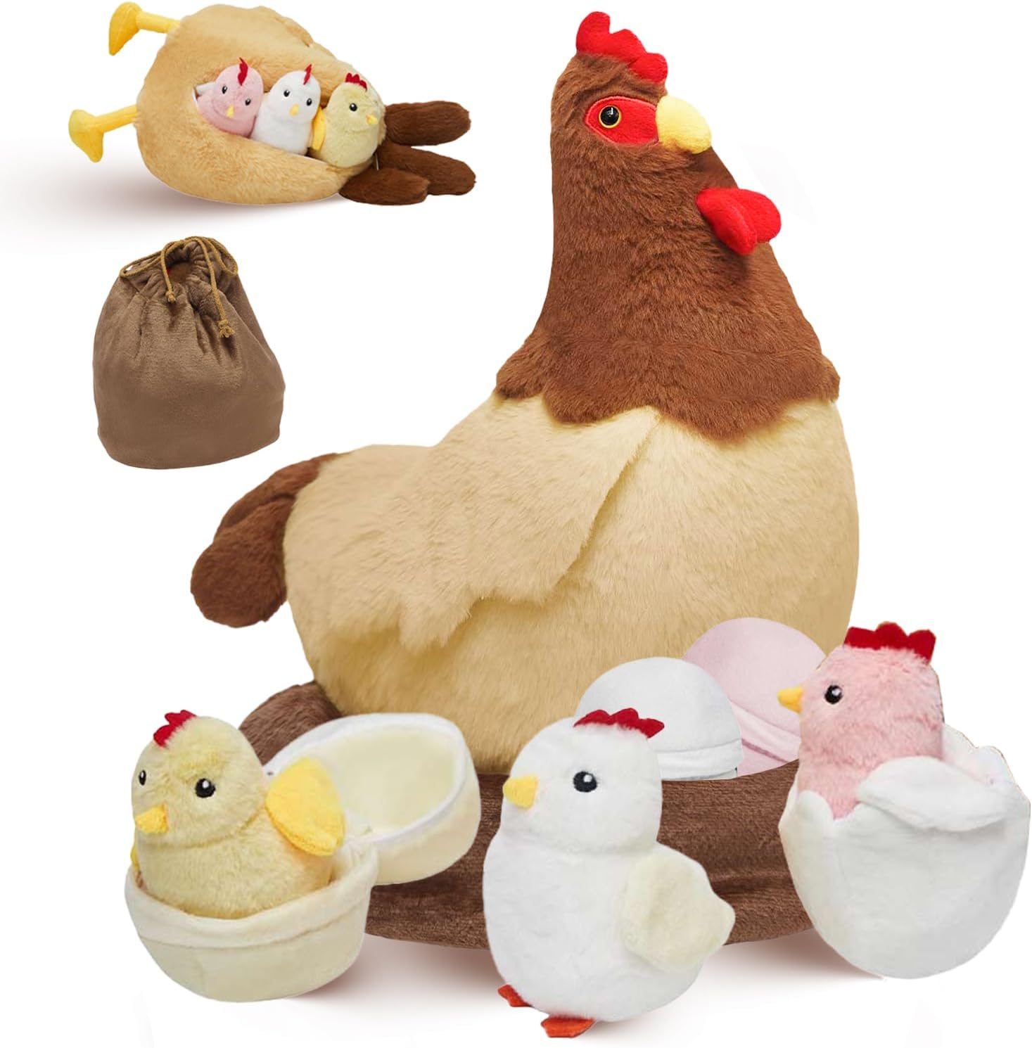 9 in 1 Chicken Stuffed Animal - Egg Laying Stuffed Chicken Toy for Kids, Chicks & Eggs in Zippered Belly Hen Plush with 2 in 1 Nest Storage Bag for Boys Girls Birthday Christmas Easter, 14.5"