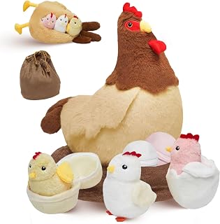 Yulefly 9 in 1 Chicken Stuffed Animal - Egg Laying Stuffed Chicken Toy for Kids, Chicks & Eggs in Zippered Belly Hen Plush with 2 in 1 Nest Storage Bag for Boys Girls Birthday Christmas Easter, 14.5"