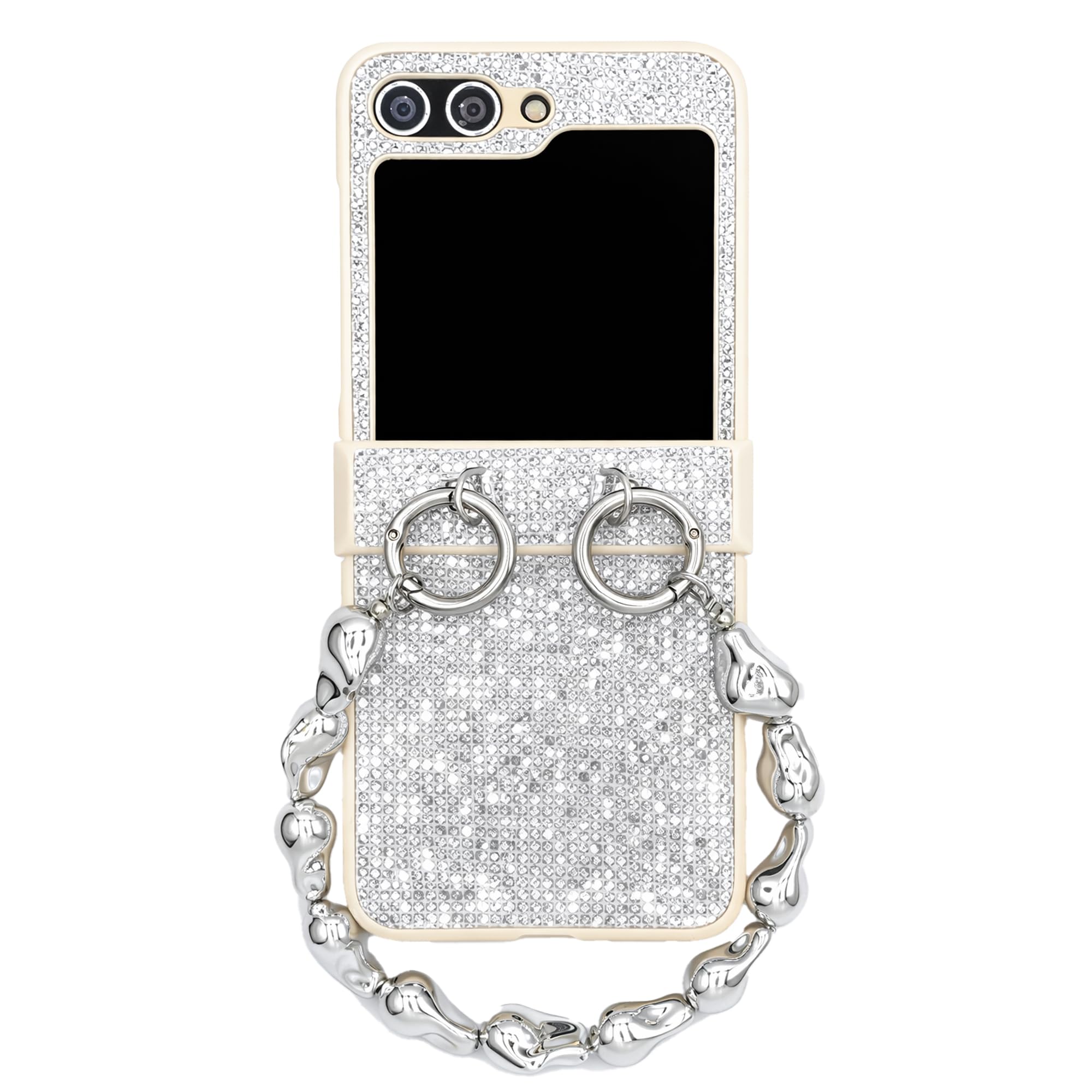 casafyne for Samsung Galaxy Z Flip 6 Case with Metal Chain Phone Charm, Radiant Sparkle Bling Glitter Theme, Classical Folding PU Leather Slim
