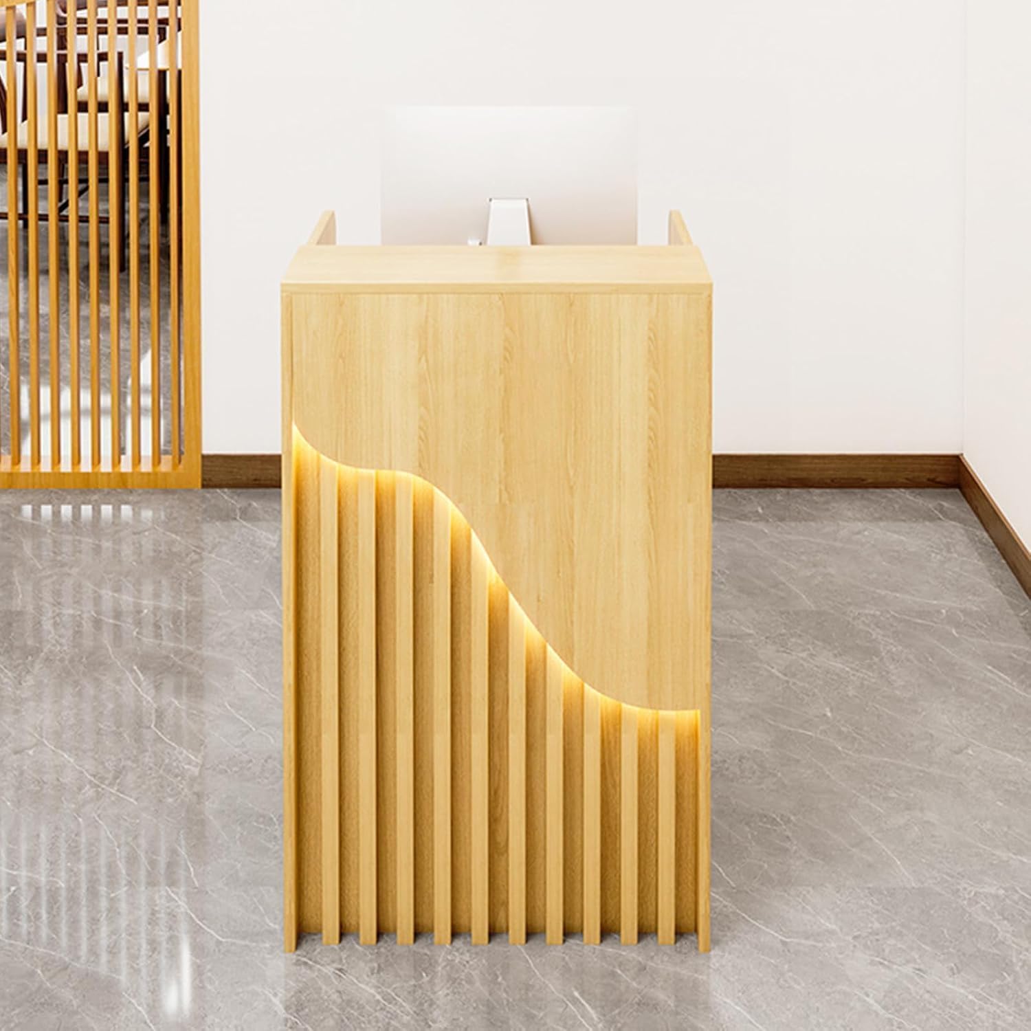 Small Reception Desk, Gold Front Desk Reception Counter with LED Lights, Checkout Counter Portable Podium Stand Creative Grille Wood, L-Shap Cashier Cabinet for Churches, Lectern Classrooms, Office