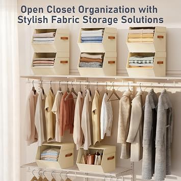 Stackable Wardrobe Organisers and Storage Bins, Open Front Closet Shelf Organiser System With Steel Frame, Clothes Storage Basket Fabric, Collapsible Closet Drawers for Wardrobe, Nursery ,Toy, 4 Pack