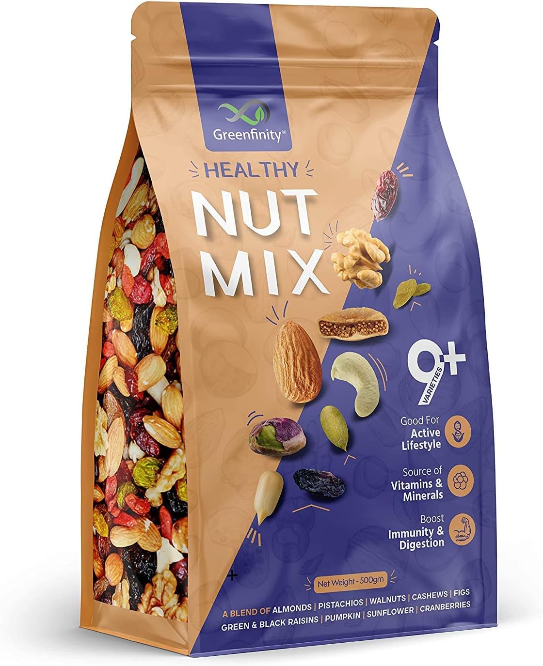 GreenFinity Premium International Healthy Nutmix 1kg, Dried Almonds, Black Raisins, Cashewnuts, Cranberries, Green Raisins & Many More.