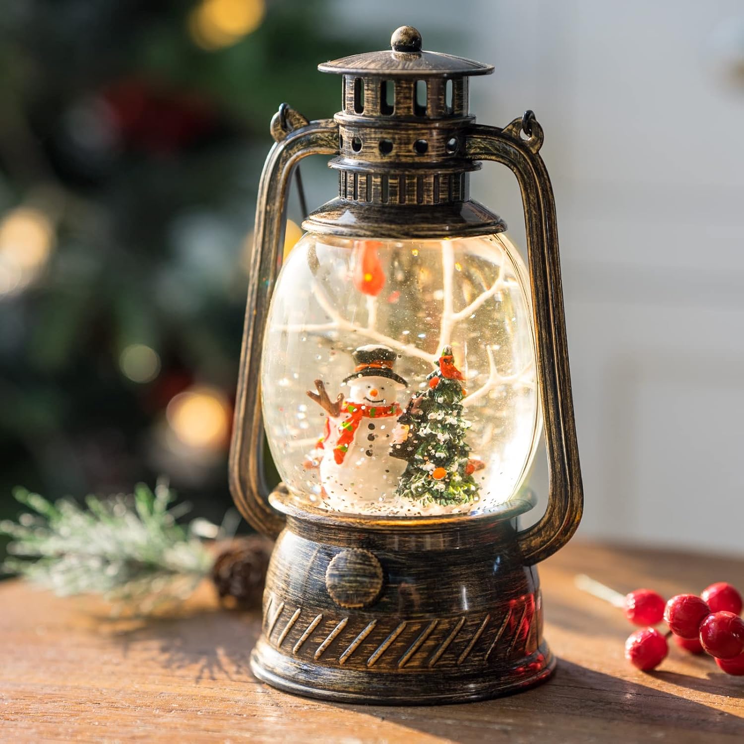 Christmas Snow Globes, Cardinal Snowman Christmas Tree Water Lantern