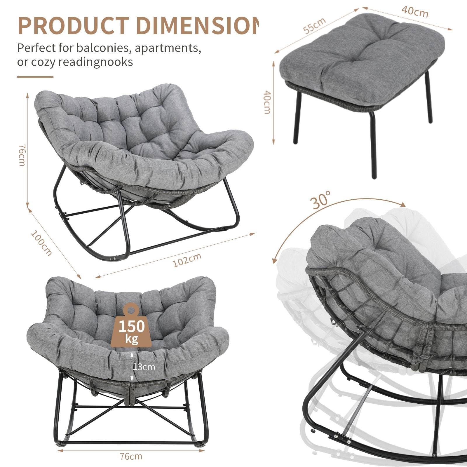 LIFERUN Fauteuil à bascule en rotin avec tabouret, résistant aux intempéries, avec rembourrage épais amovible, charge de 150 kg, pour jardin, balcon, salon