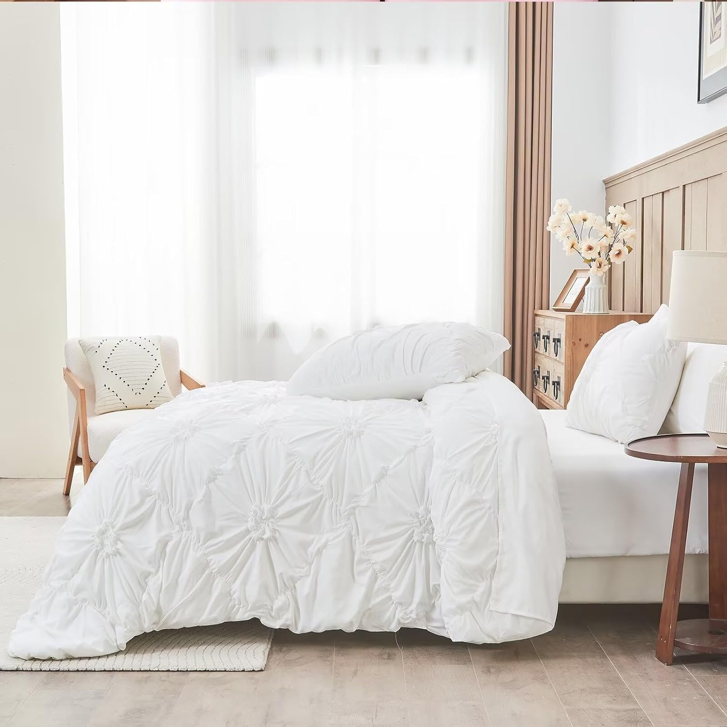 White Comforter Set Queen Size Bed in A Bag 7 Piece Pinch Pleat Bedding Set,Pintuck Ruched Flowers Bed Set with Comforter, Sheets, Pillowcases & Shams - Image 8