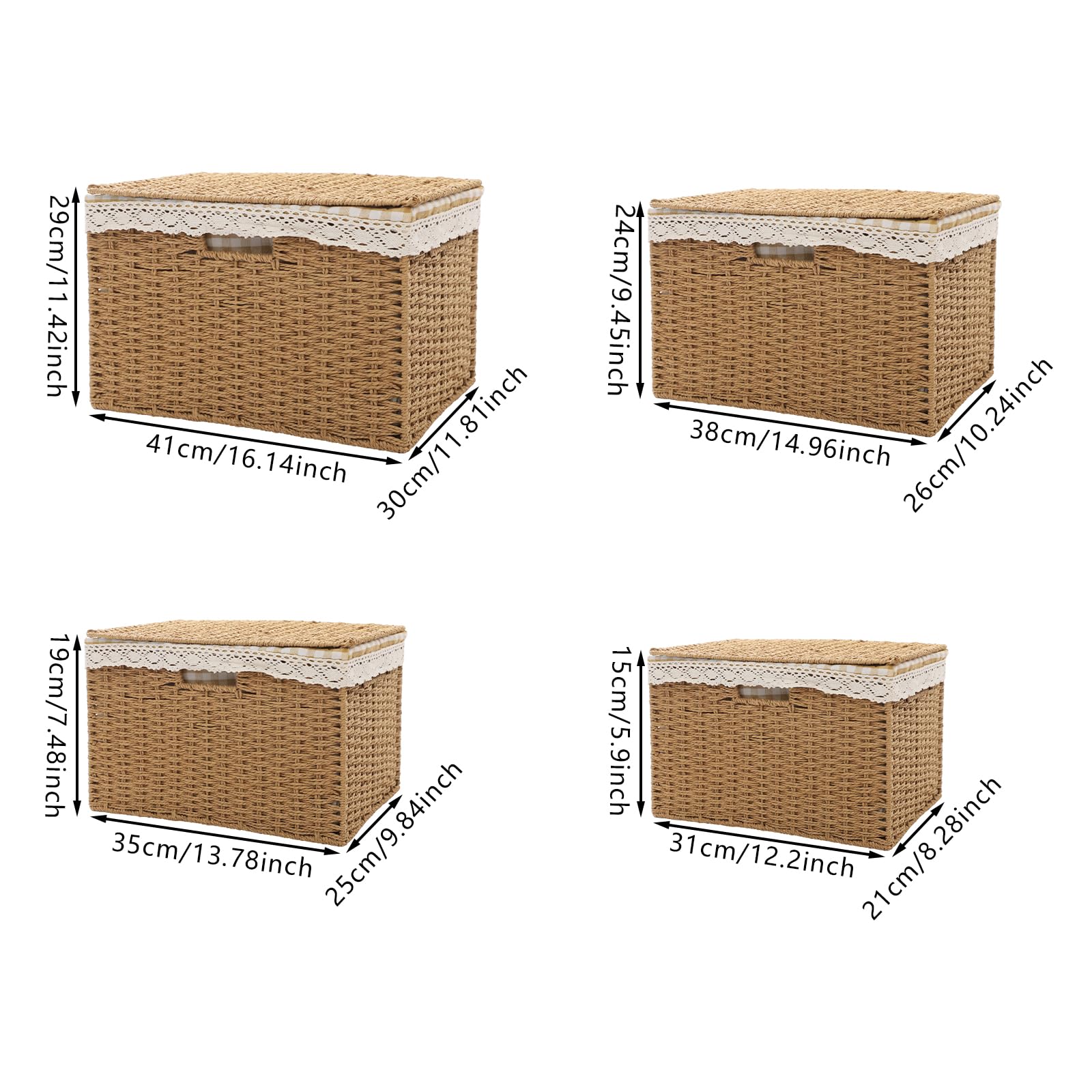 Set di 4 cestini in corda intrecciati con vassoio portaoggetti rettangolare impilabile rustico, cestino biancheria sporca con coperchio organizer, giocattoli, vestiti, con manico e fodera cesti