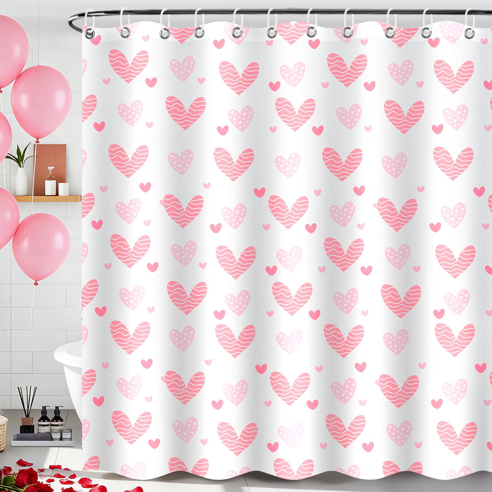 LSYDCARM Sweet Heart Pink Shower Curtain for Valentines Day Decorations, 71"x71" Valentines Shower Curtain with 12 Hooks, Waterproof Fabric Shower