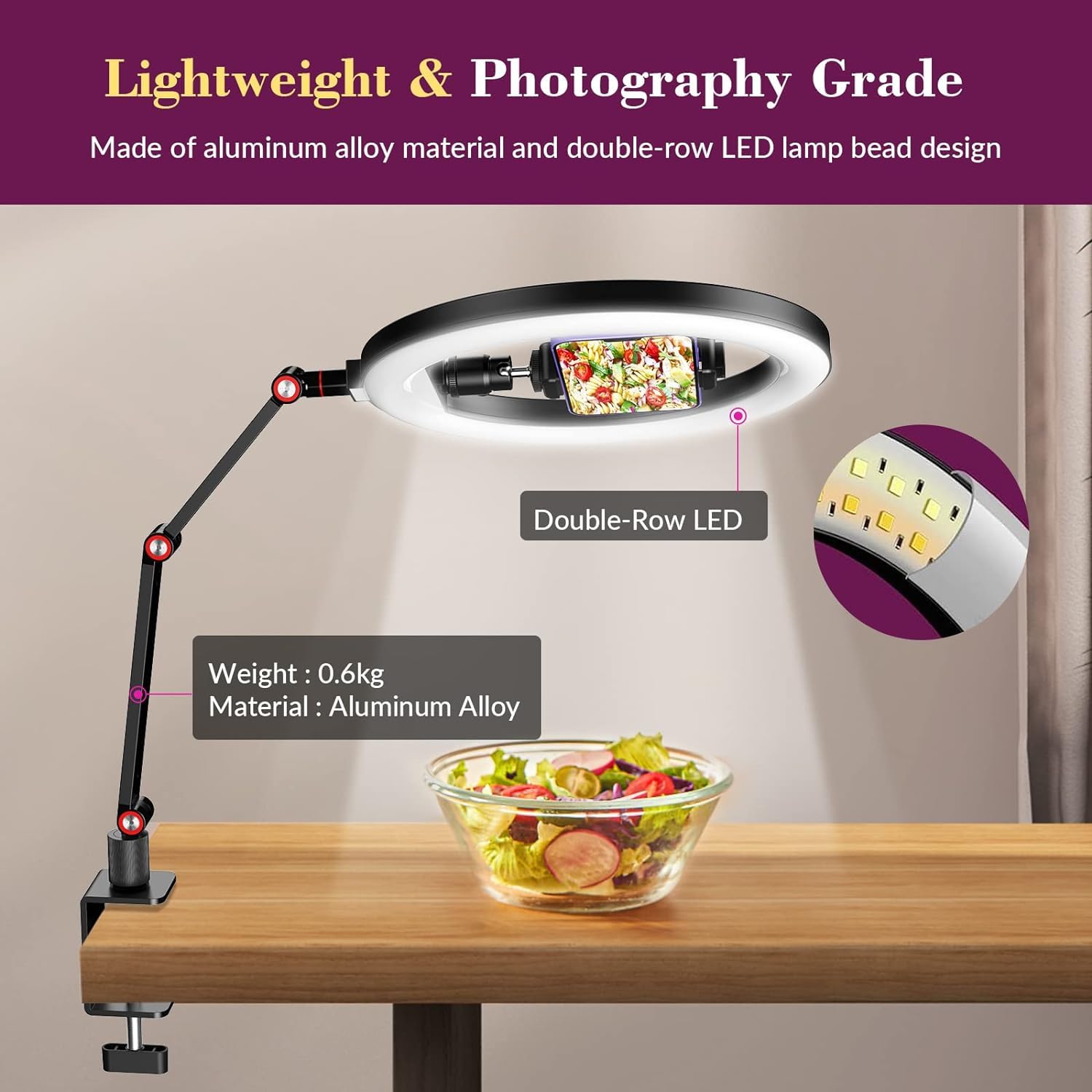 10'' Ringlicht für Schreibtisch mit Ständer und Telefonhalter, Overhead Stativ Ringlicht, Videokonferenzlicht mit verstellbarem Schreibtischarmständer für YouTube,TikTok, Arbeit für Telefon, Webcam