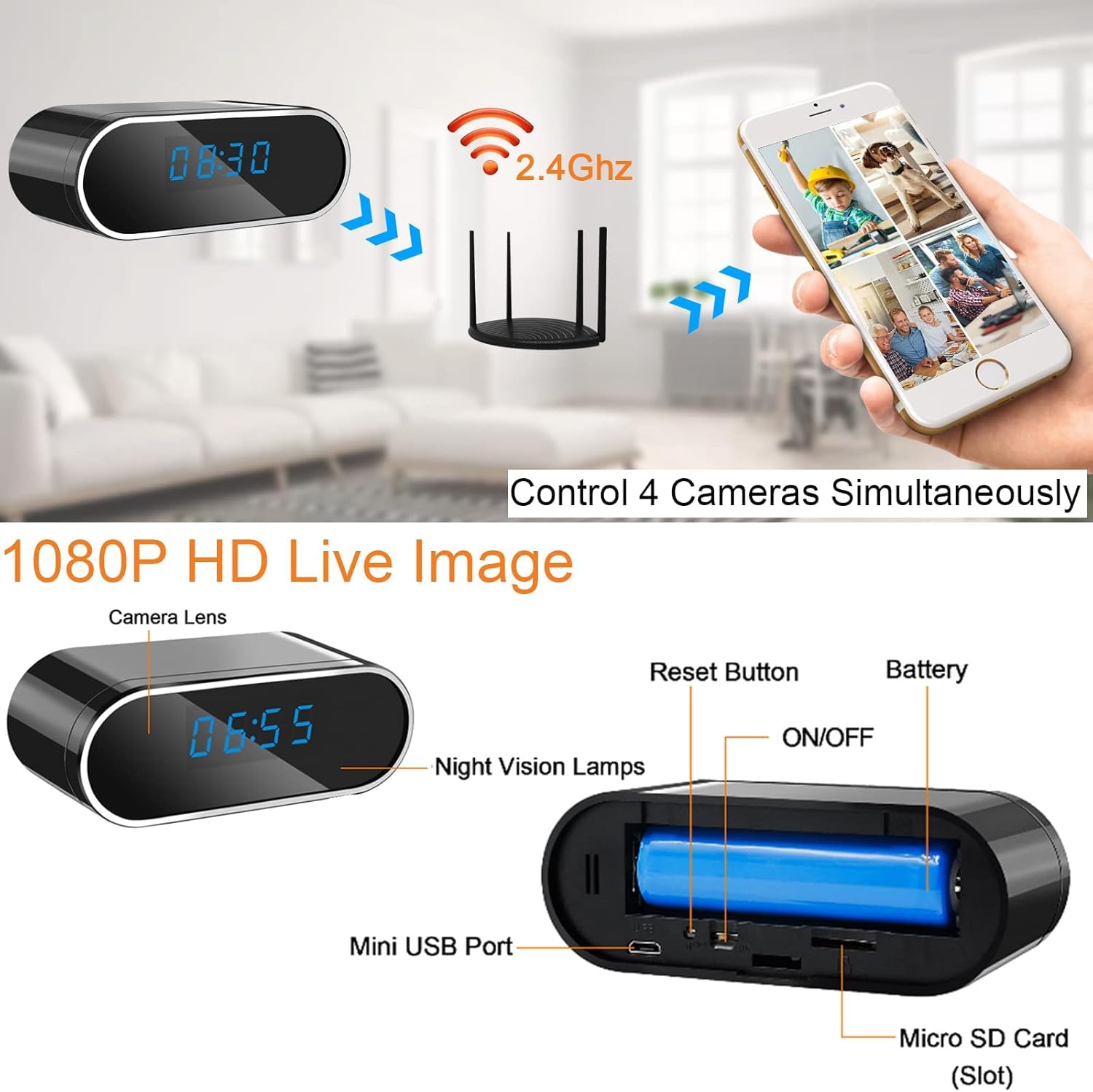 WiFi Mini DV Cámara Espía - 4K HD 1080P Despertador Grabador de Vídeo Inalámbrico Visión Nocturna Sensor de Detección de Movimiento Seguridad en el Hogar DVR Monitor para Mascotas Niñera