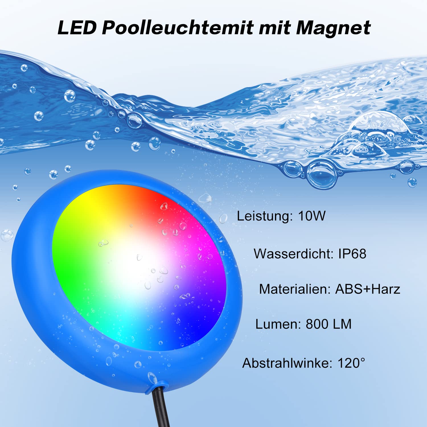 LED Poolbeleuchtung Unterwasser für Aufstellpool, 10W RGB Unterwasser LED Licht Magnet mit 18 LED Perlen, für Frame Pool Stahlwandpool Aquarium Badewanne, IP68 Wasserdicht, 7m Kabel