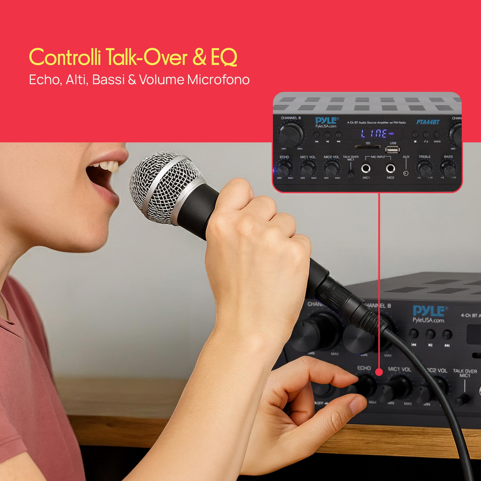 Pyle Amplificatore Karaoke Bluetooth Wireless 500 Watt, Audio Stereo 4 Canali con AUX, Radio FM, USB, Microfono In