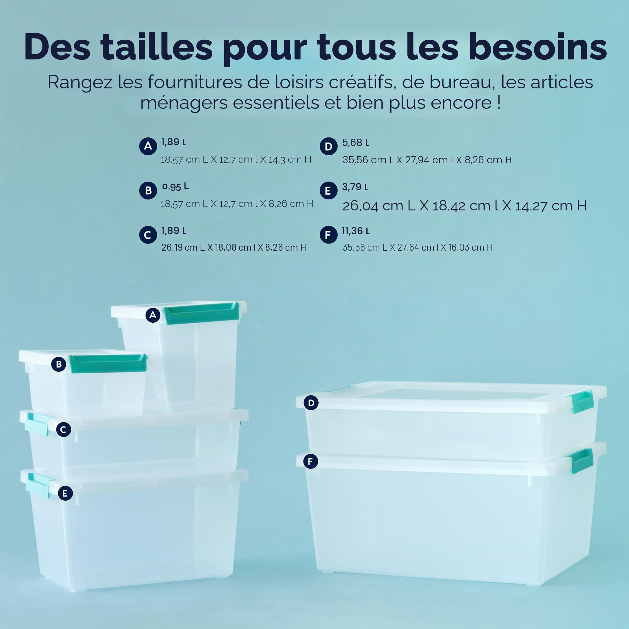 IRIS USA Lot de 4 bacs avec couvercles, boîte à clip, organisation et récipient de rangement pour bureau, école, enfants, salle d'artisanat, 6 litres, transparent/bleu écume de mer