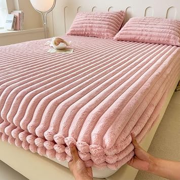 Faux Rabbit Velvet Thickened Bedding Fitted Sheet Mattress Cover,2024 New Winter Warmth Non-slip Mattress Protector Super Soft Washable Padded Bed Cover with Pillowcas,12 Deep PocketLight Pink,150x