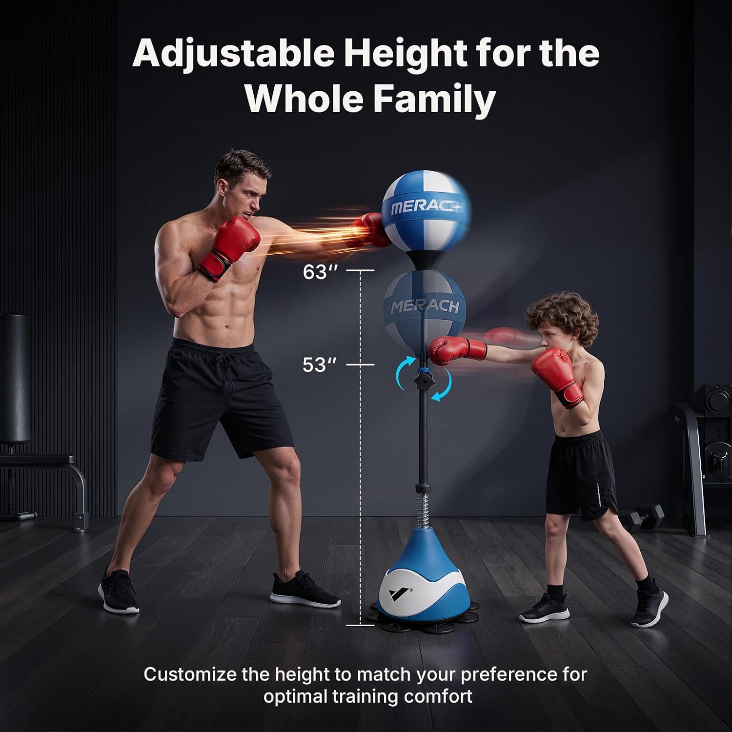 MERACH Punching Bag for Teens & Adults, Punching Bag with Stand, 53-62 Inches Height Adjustable Sand-Filled Base with Suction Cup, Boxings Equipment, Freestanding Reflex Bag Kit