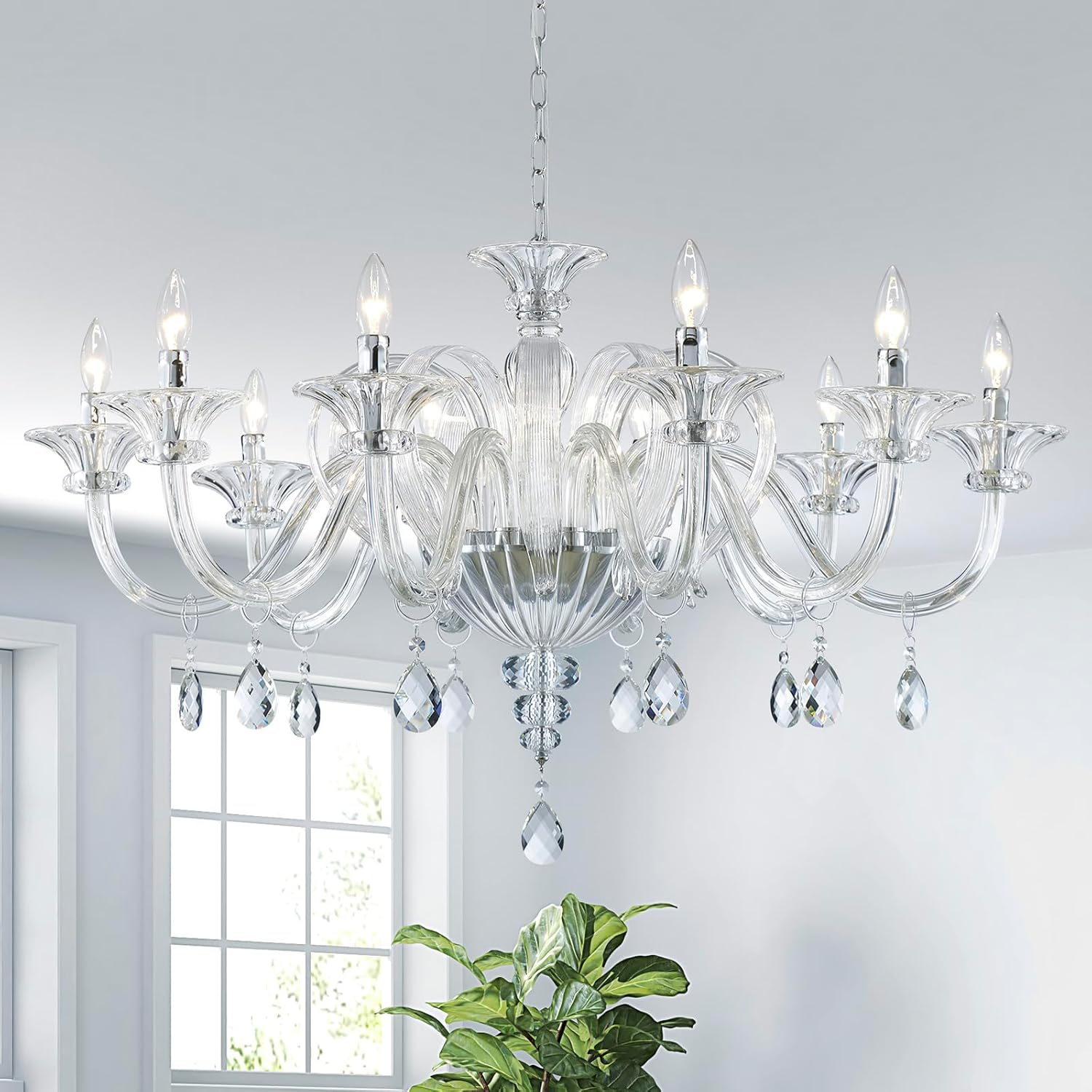 Saint Mossi 6 Light Crystal Chandelier, Modern Dining Room Light Fixture, Yellowish Green Crystal Pendant Light for Bedroom Livingroom, S Glass Tube, D30xW30xH20, E12 Socket