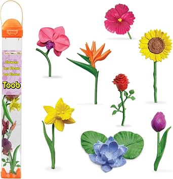 Safari Ltd. Flowers TOOB - Mini Figurines of Rose, Tulip, Hibiscus, Bird of Paradise, Daffodil, Sunflower, Lotus, Orchid - Educational Toy Figures For Boys, Girls & Kids Ages 3+