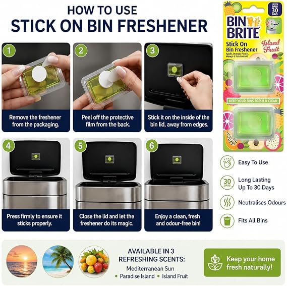 Bin Freshener Stick On, 6 Pack, 2 Each Scents, Odour Eliminator