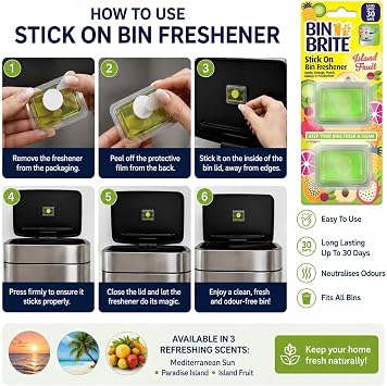 Bin Freshener Stick On, 6 Pack, 2 Each Scents, Odour Eliminator