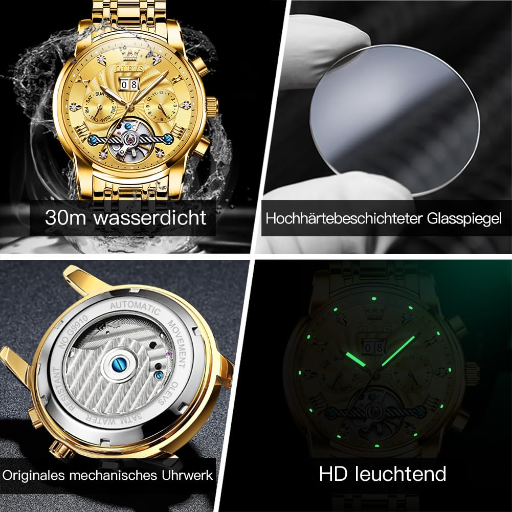 OLEVS Gold Automatikuhren für Herren Tourbillon Automatik Mechanik Luxus-Kleid Edelstahl Armband Leuchtend wasserdicht Herren-Armbanduhr
