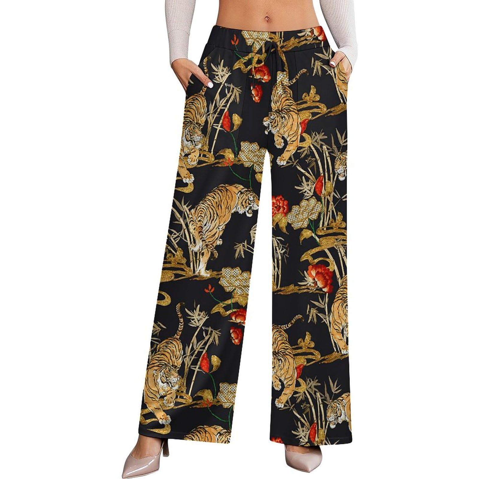 Cheetah Stretch High-Waisted Wide-Leg Pants Womens Versatile Casual Wear2XL