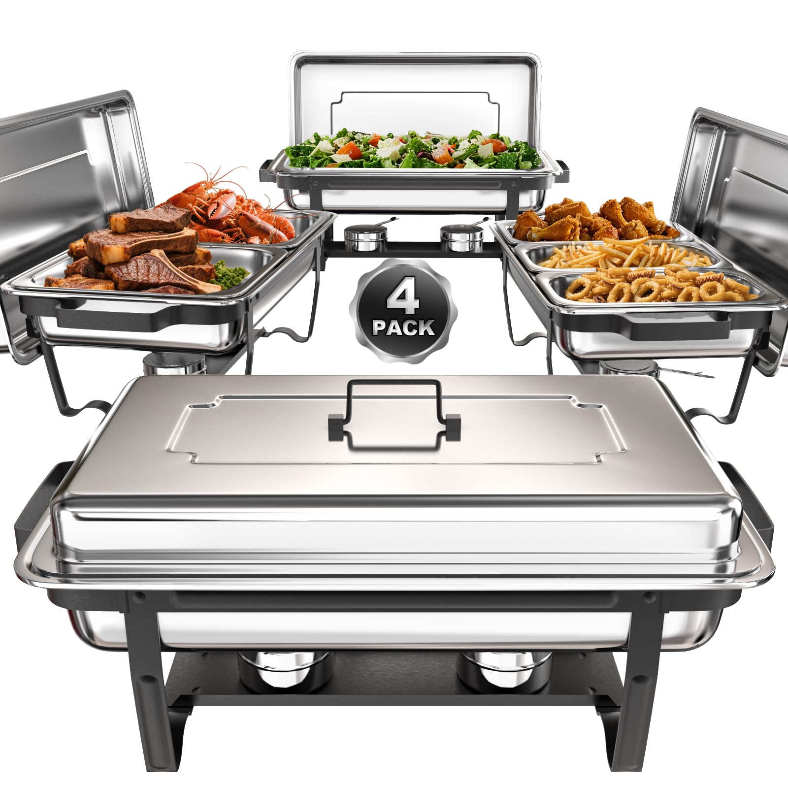 sifer Chafing Dishes for Buffet 9Qt 4 Pack [Multi-Size Food Pans] | Chafing Dishes with 80% Faster [Screwless Installation] and Stacking Design [Easy Storage] for Fathers Day Party/Wedding