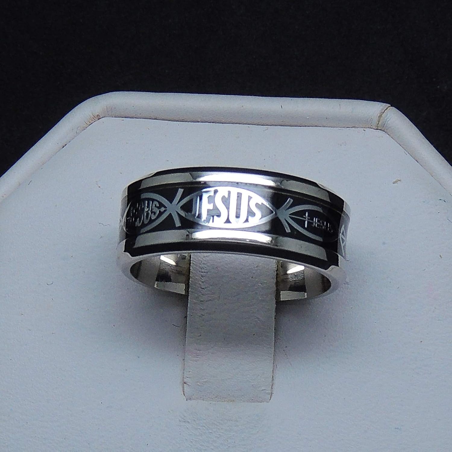 Jesus Fish Black Wedding Band for Men by Ginger Lyne | Religious Cross Bridal Ring for Women | 8mm Stainless Steel Comfort Fit Wedding Ring for Him or Her