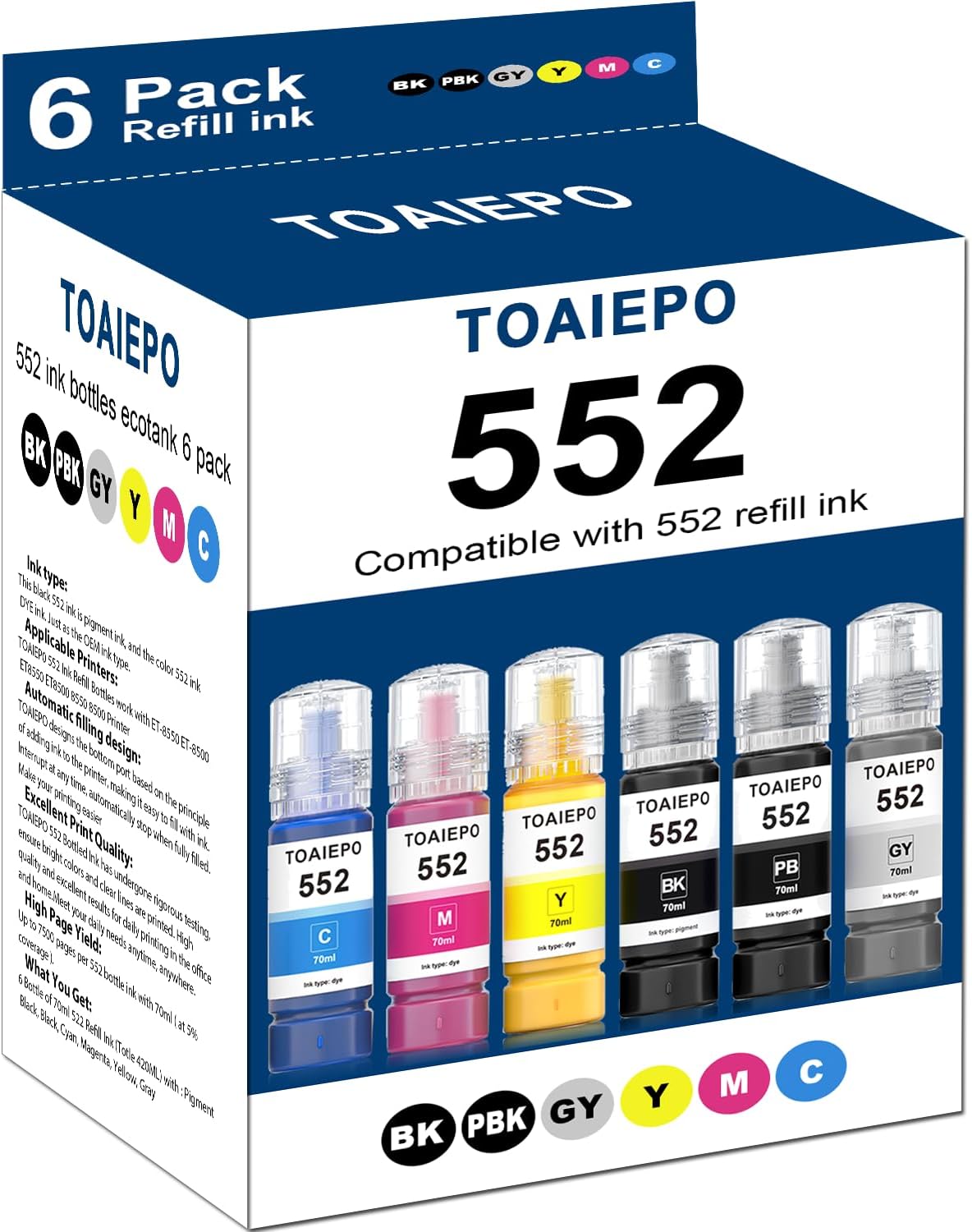 552 Ink Refill Bottles Replacement for Epson T552 Refill Ink Bottles Work with ET-8550 ET-8500 ET8550 ET8500 8550 8500 Printer, 6 Pack (Pigment Black, Color Dye)
