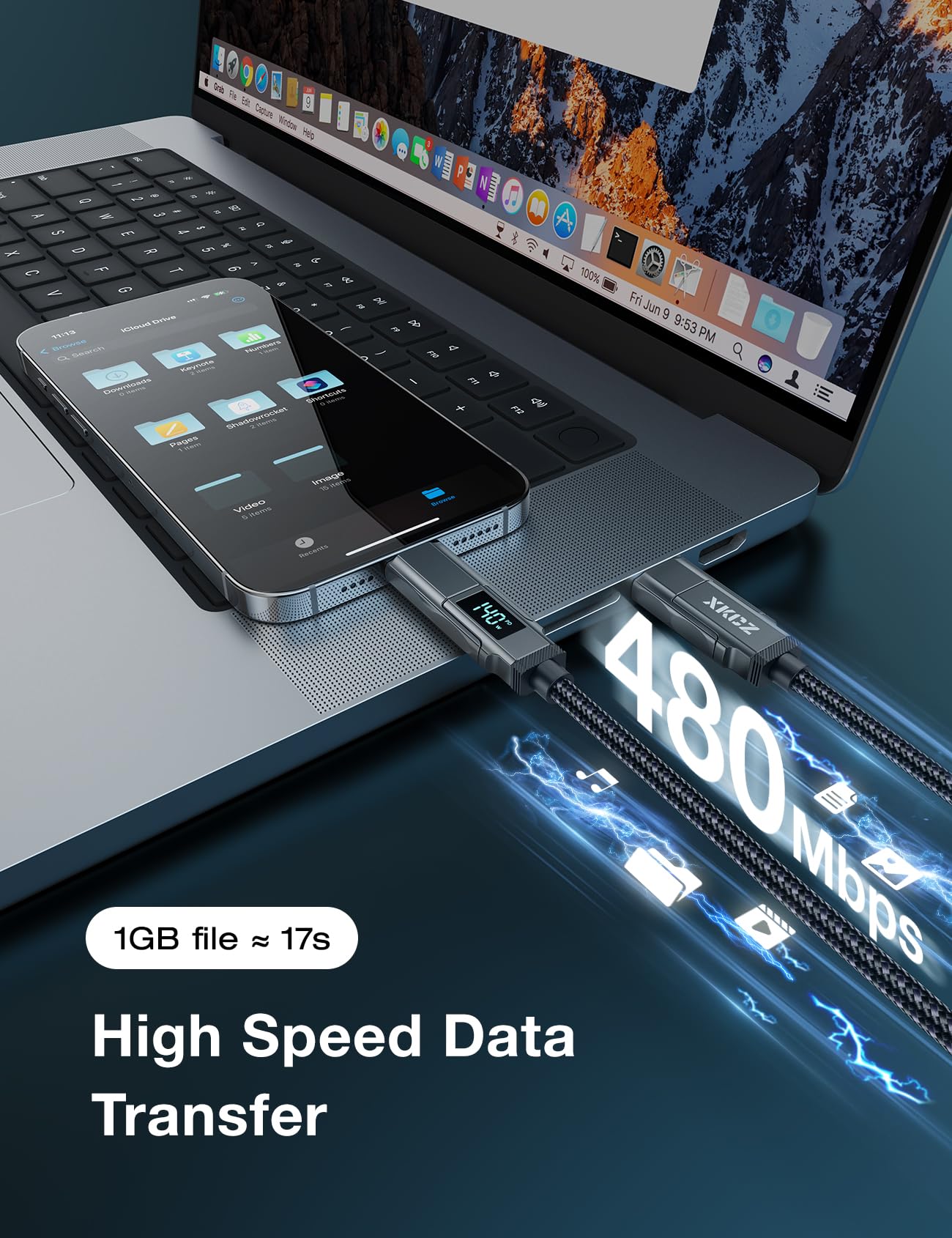Cavo USB C 4 in 1 con display di potenza, 140 W rotondo in nylon intrecciato multi cavo di ricarica con sincronizzazione dati, cavo di ricarica USB C Combo tipo C/USB A/porta iPhone per iPhone/iPad