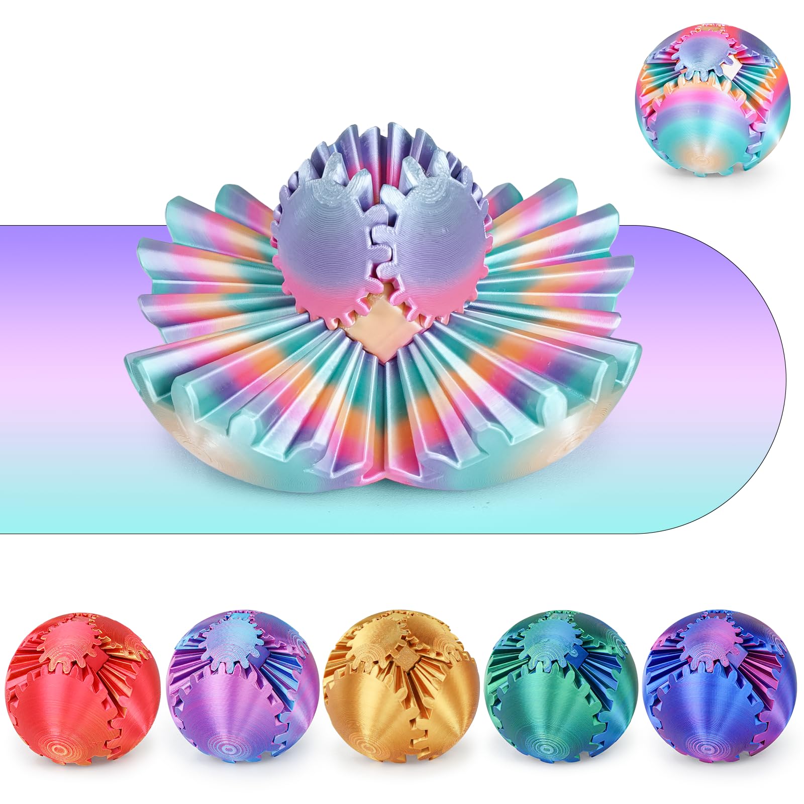 GearSphere 3D Printed Spin Ball or Cube Fidget Toy, Fidget Ball Gear Toy for Stress and Anxiety Relief, Desk Toy for Adults (Rainbow, 2.3 Inch)