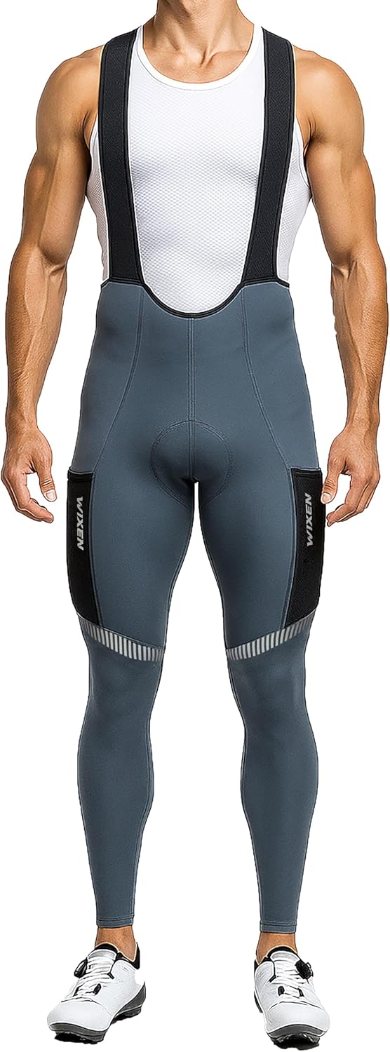 WIXEN Men’s Winter Cycling Bib Tights Thermal Fleece 3D Padded Bike Bib Pants with 4 Pockets