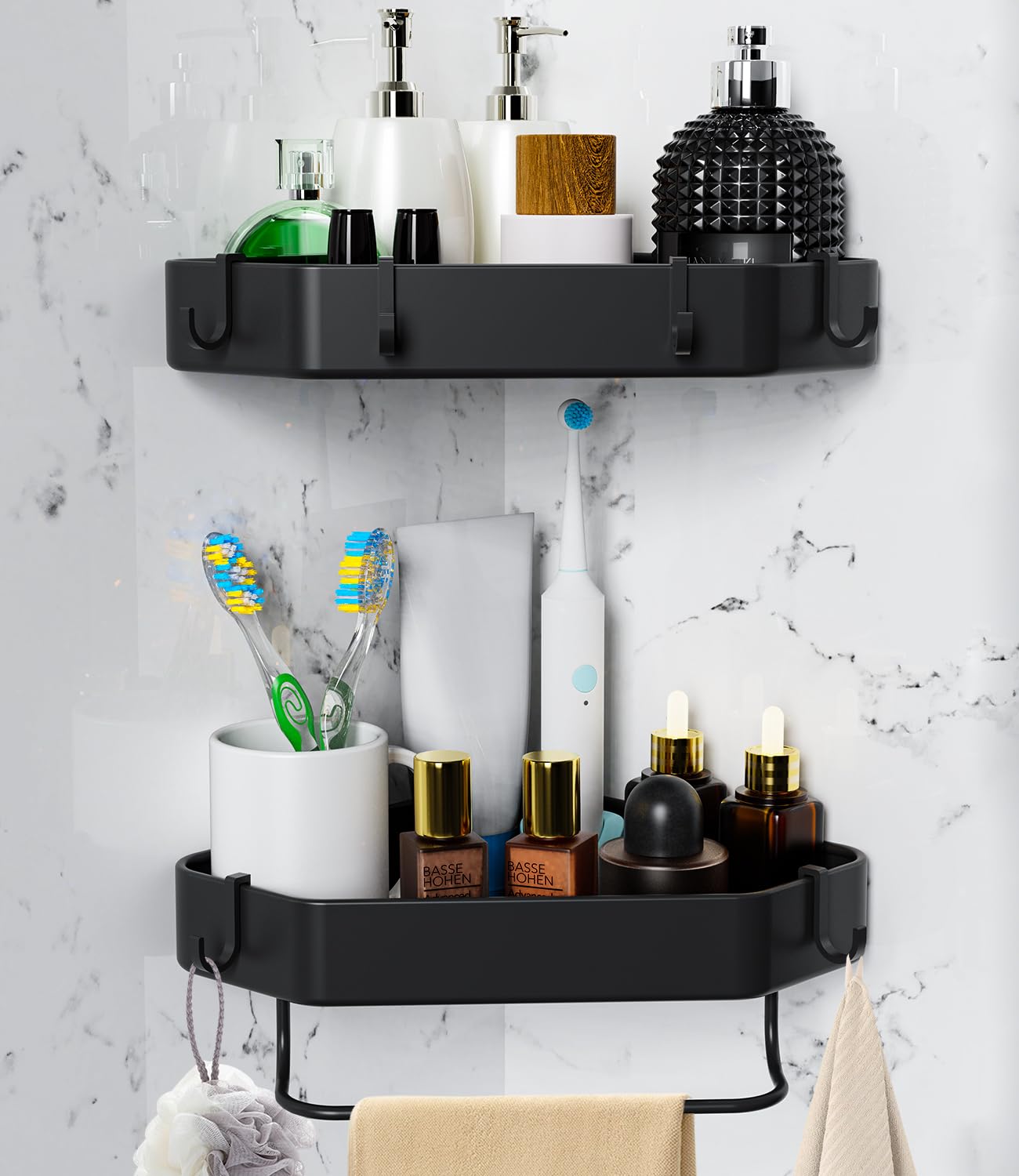 Étagère De Douche D'angle Pour Salle De Bain : Lot De 2 étagères De Douche Adhésives Sans Perçage En Acier Inoxydable Avec Crochets Et Support De Dentifrice - Accessoires De Salle De