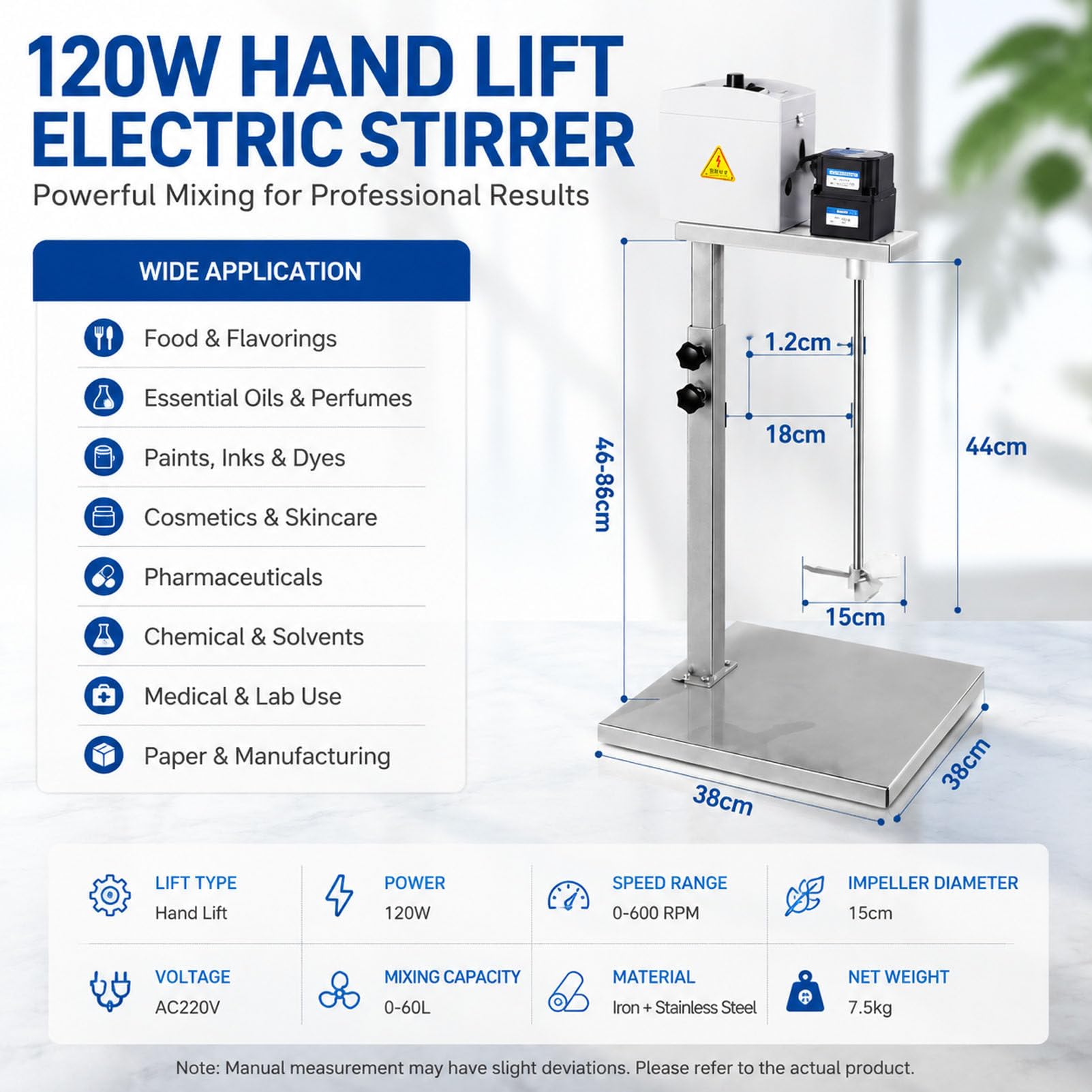 Agitador eléctrico para líquidos viscosos para Tinta 120W | Máquina mezcladora de pintura con velocidad ajustable de 0 a 600RPM y soporte de altura regulable Varilla de acero inoxidable