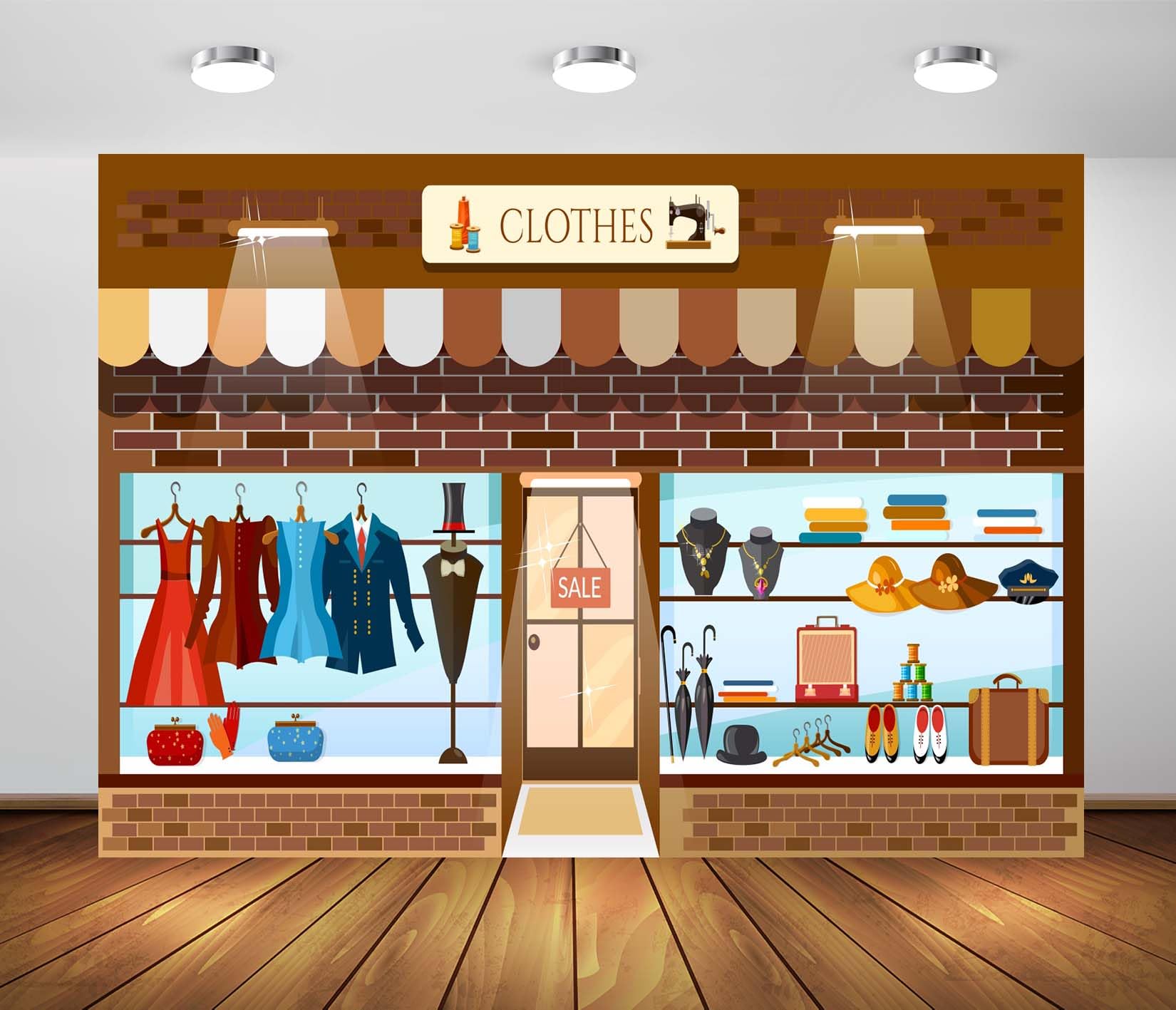 CORFOTO 8x6ft Fabric Clothing Store Window Display Backdrop Cartoon Clothing Store Interior Fashion Boutique Background for Girls Ladies Birthday
