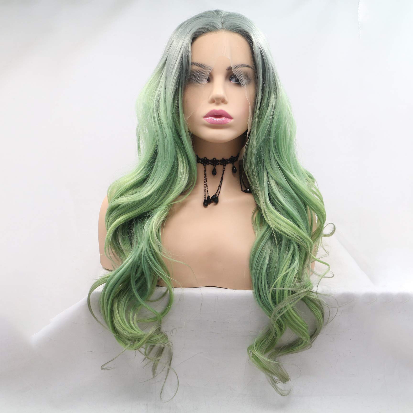 Karissa Ombre Grüne Mode Wasser Welle Synthetische Lace Front Perücken für Frauen Mittelteil Beste Glueless Hitzebeständige Hochzeit Billig Perücke Täglichen Make-Up 24 zoll