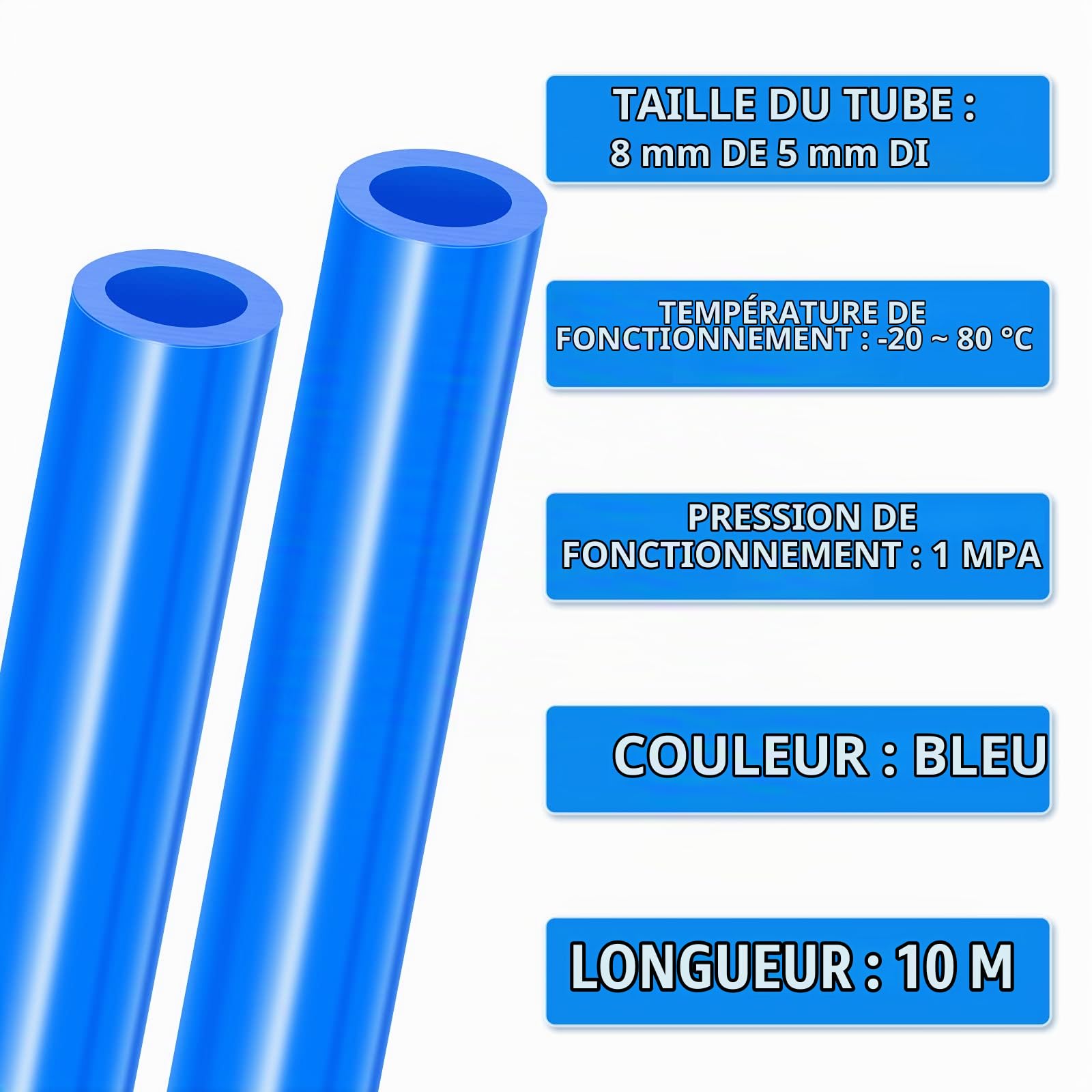 Kit de tube de tuyau d'air en polyuréthane bleu 10M PU, 8 mm OD x 5 mm ID avec 14 kits de connecteur
